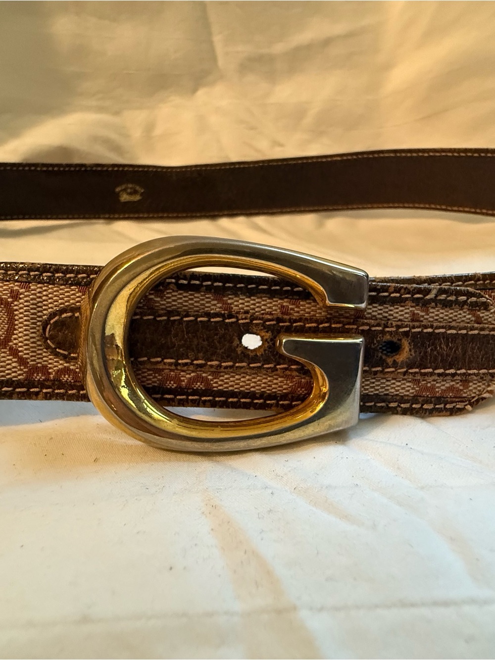 Gucci G Logo Brown Monogram Belt with Gold-Silver Buckle